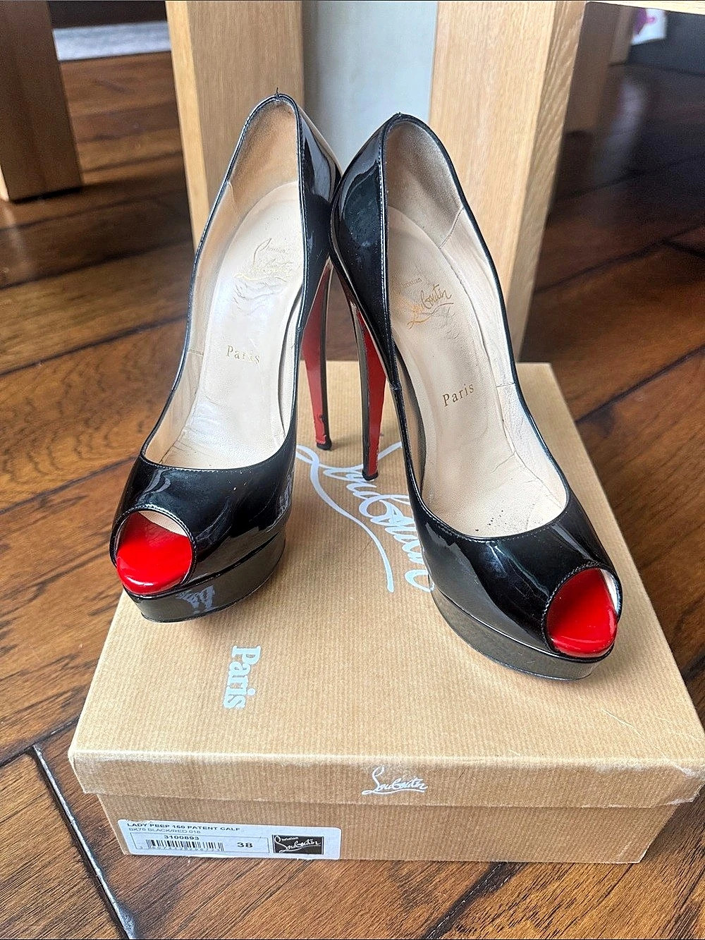 Christian Louboutin Lady Peep 150 Patent Calf Black & Red Heels